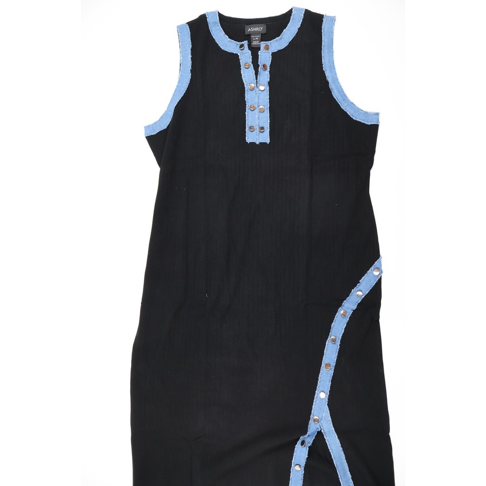 Ashro Dress Ribbed Knit Denim Trim Black Blue 3X Sleeveless Snap Slit Excellent